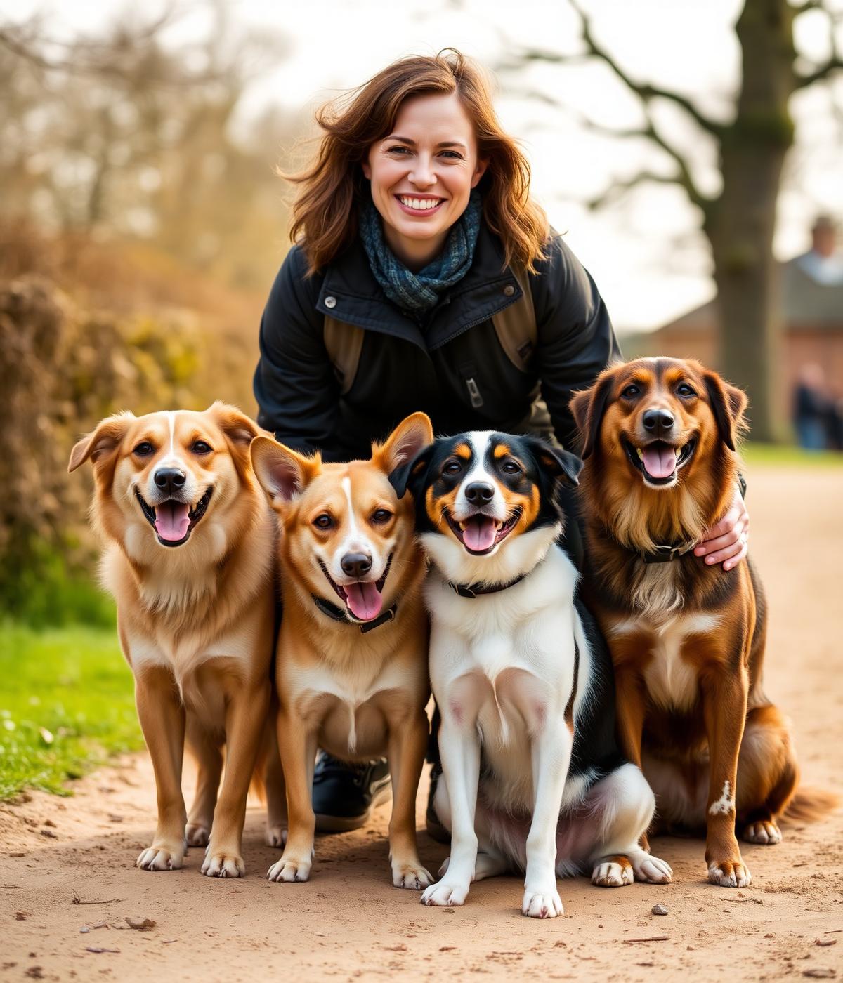 Local Bookham dog walker with a happy pack of dogs